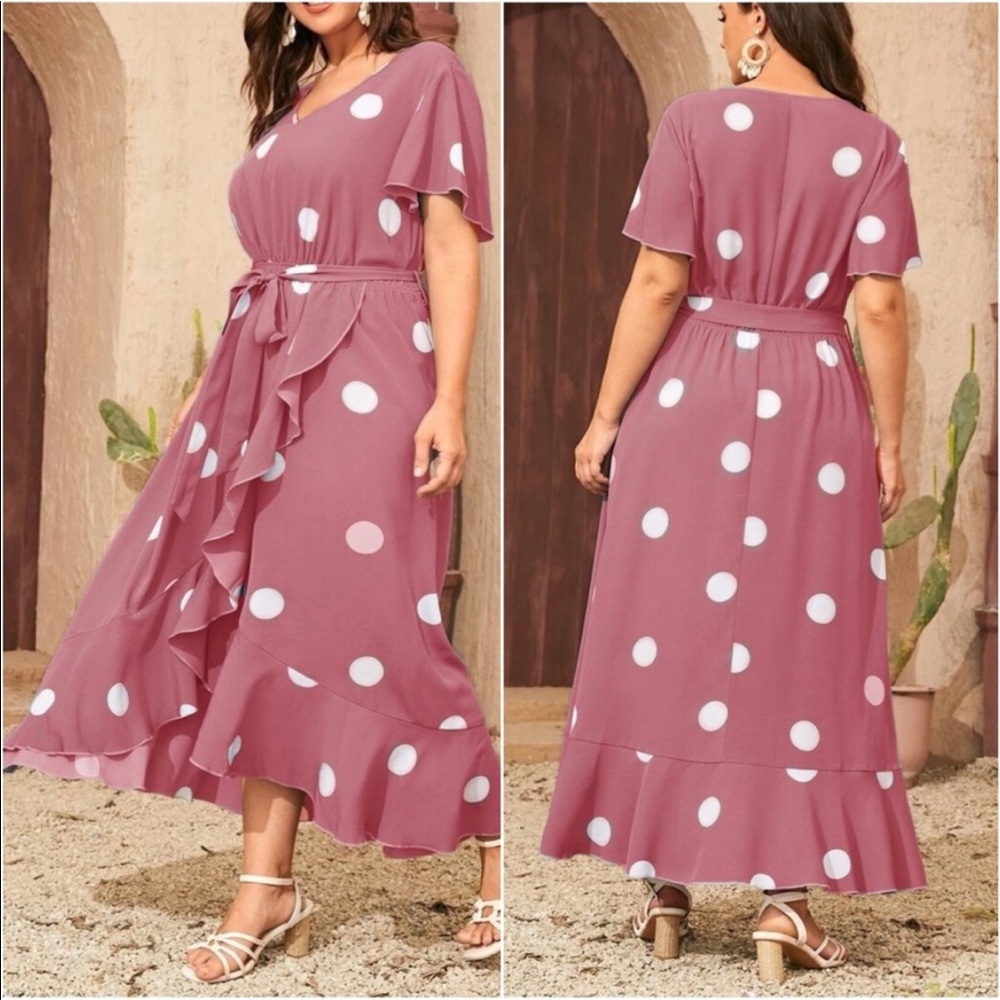 Plus Polka Dot Print V Neck Wrap Hem Belted Dress New - Picture 3 of 4